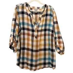 Multiples Plaid Henley Top - Size L